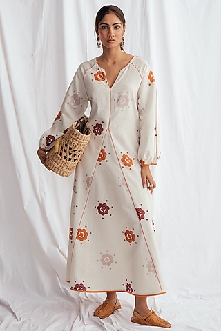 White Kala Cotton Hand-Block Printed & Embroidered Dress by Jodi