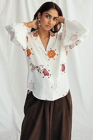 White Kala Cotton Hand-Block Printed & Embroidered Shirt by Jodi
