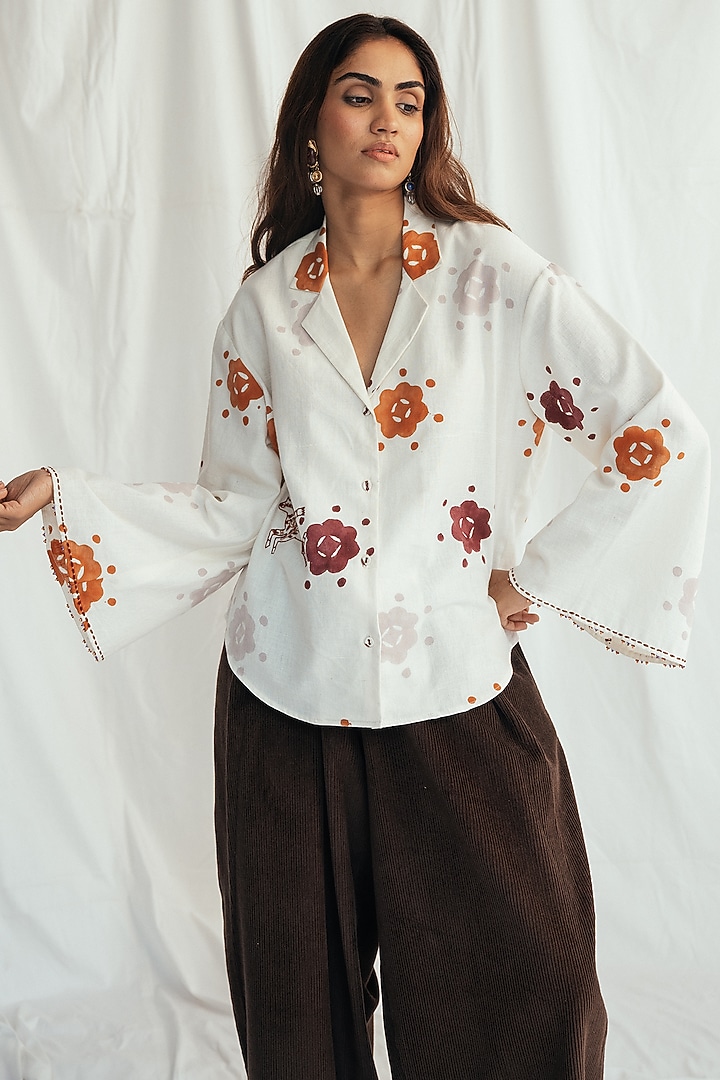 White Kala Cotton Hand-Block Printed & Embroidered Shirt by Jodi at Pernia's Pop Up Shop