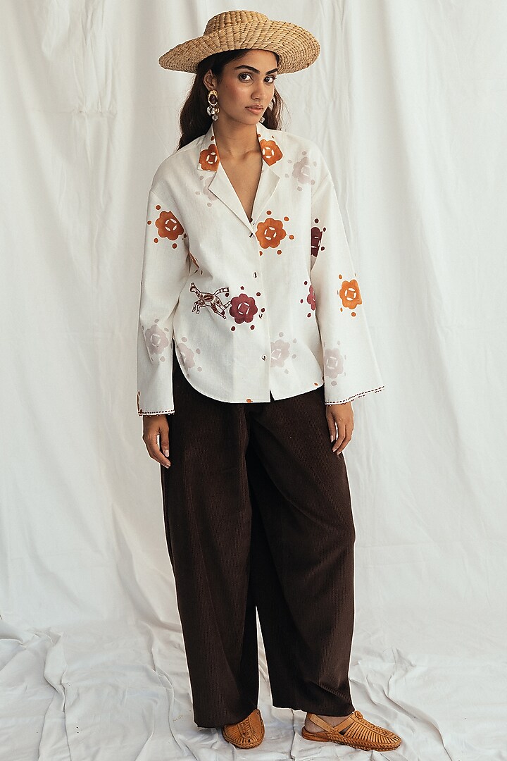 White Kala Cotton Hand-Block Printed & Embroidered Shirt by Jodi at Pernia's Pop Up Shop
