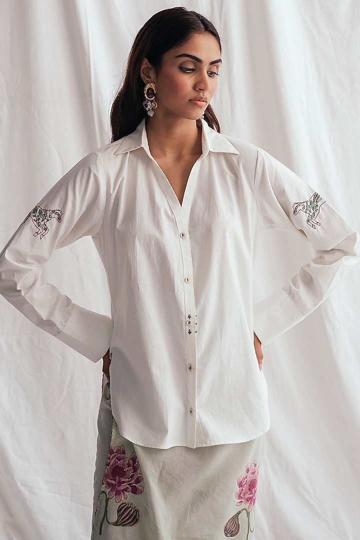 White Cotton Poplin Beadwork Embroidered Shirt by Jodi at Pernia's Pop Up Shop