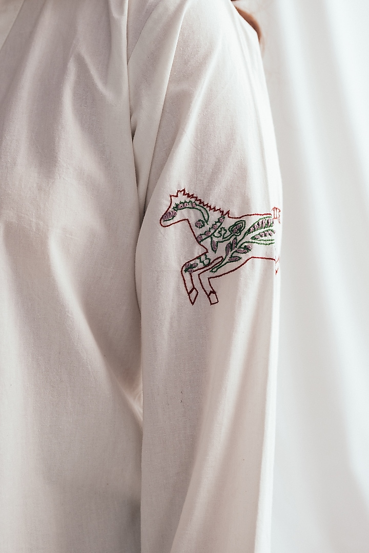 White Cotton Poplin Beadwork Embroidered Shirt by Jodi at Pernia's Pop Up Shop