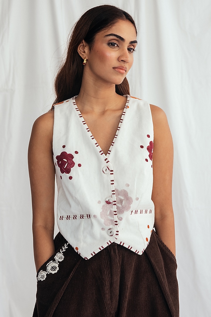 White Corduroy Hand-Block Printed Waistcoat by Jodi at Pernia's Pop Up Shop