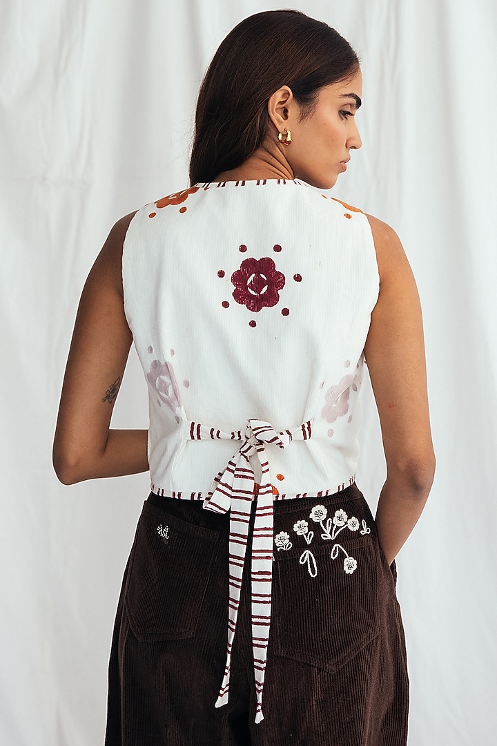 White Corduroy Hand-Block Printed Waistcoat by Jodi at Pernia's Pop Up Shop
