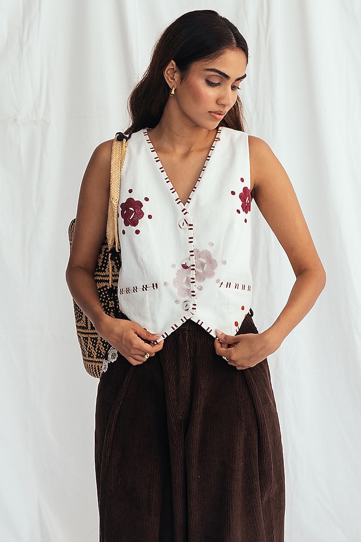 White Corduroy Hand-Block Printed Waistcoat by Jodi at Pernia's Pop Up Shop