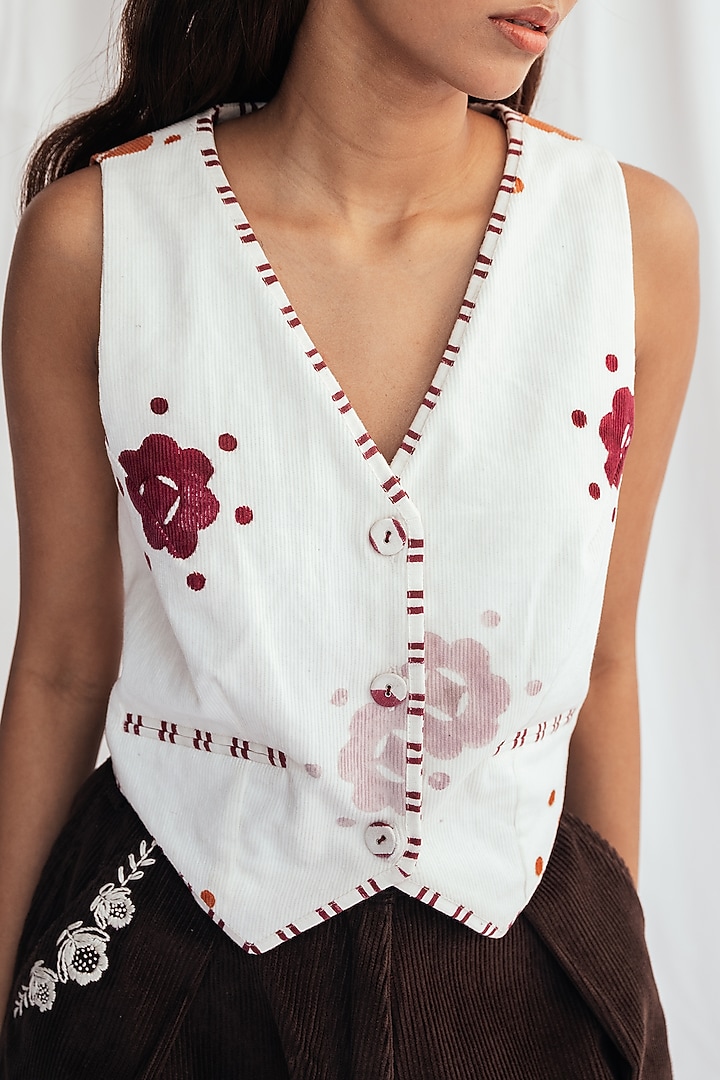 White Corduroy Hand-Block Printed Waistcoat by Jodi at Pernia's Pop Up Shop