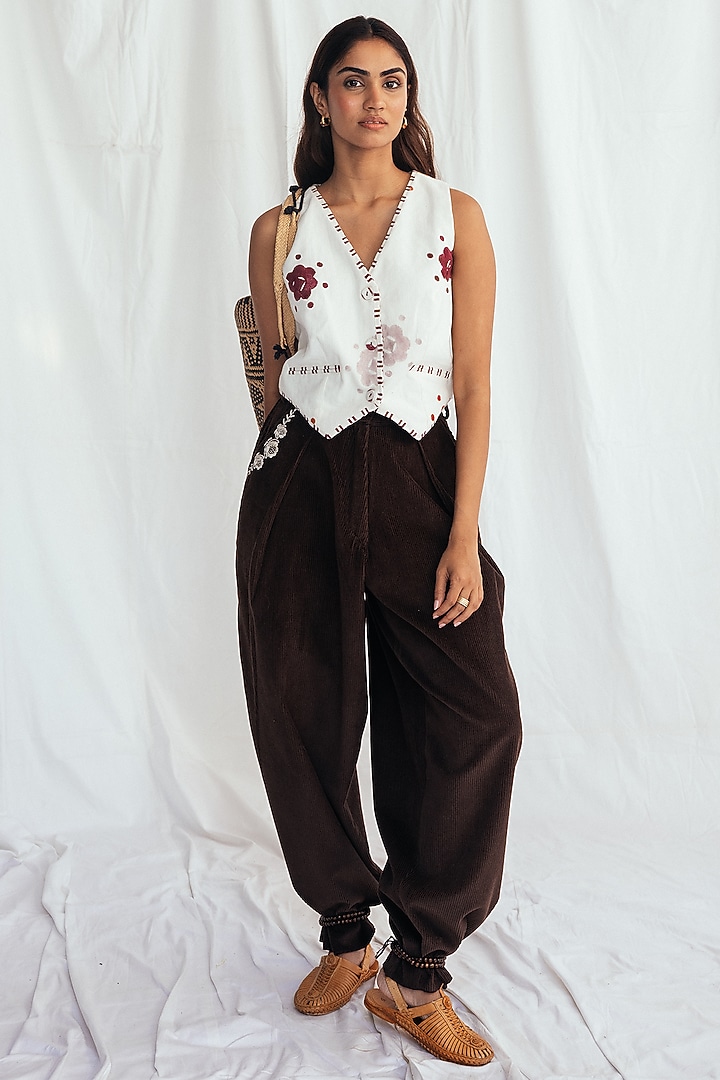 White Corduroy Hand-Block Printed Waistcoat by Jodi at Pernia's Pop Up Shop