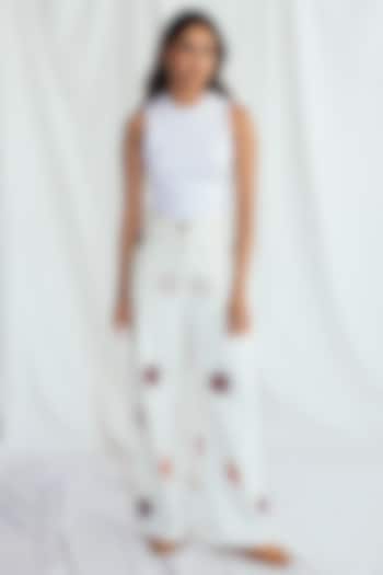 White Corduroy Hand-Block Printed Trousers by Jodi at Pernia's Pop Up Shop