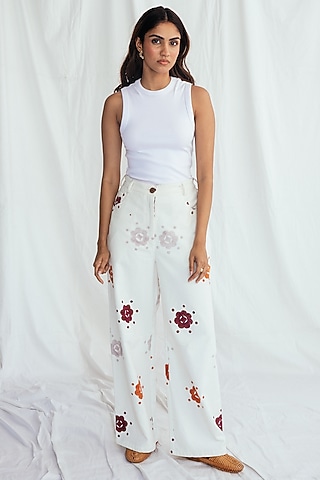 White Corduroy Hand-Block Printed Trousers by Jodi