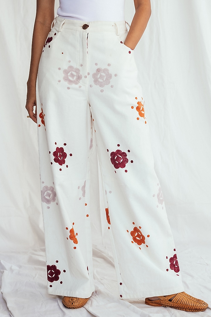 White Corduroy Hand-Block Printed Trousers by Jodi at Pernia's Pop Up Shop