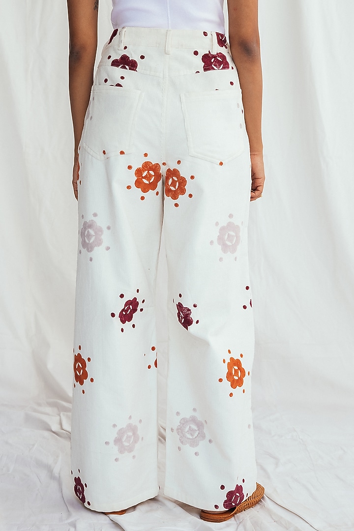 White Corduroy Hand-Block Printed Trousers by Jodi at Pernia's Pop Up Shop