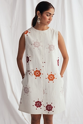 White Corduroy Hand-Block Printed & Embroidered Shift Dress by Jodi