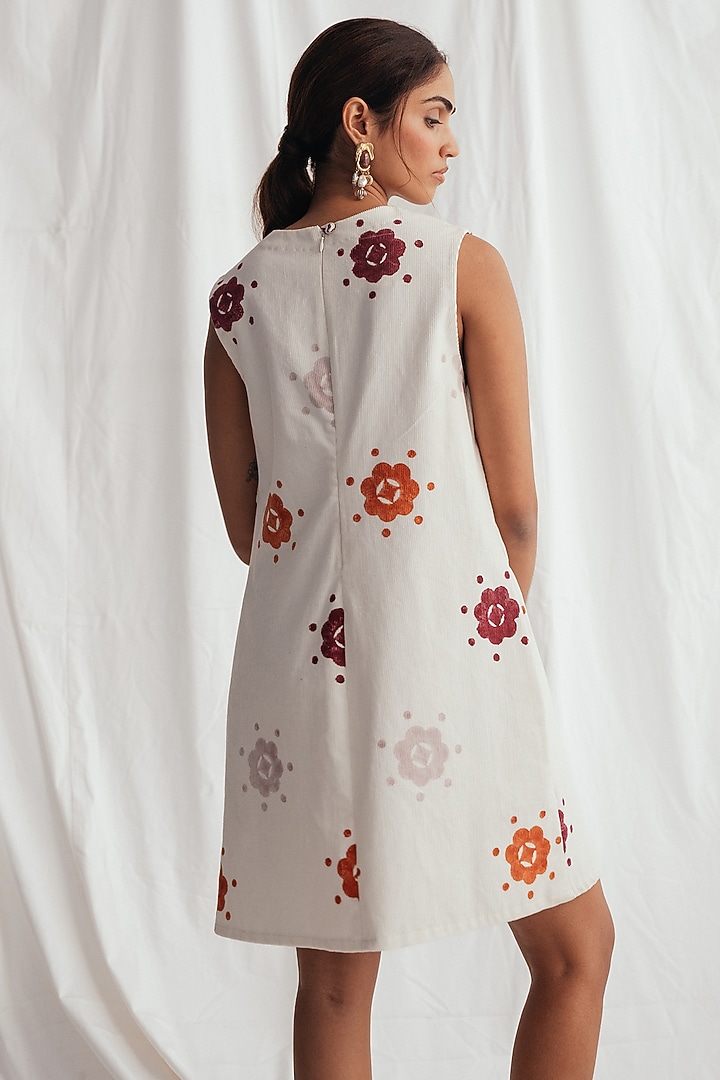 White Corduroy Hand-Block Printed & Embroidered Shift Summer Dress by Jodi at Pernia's Pop Up Shop
