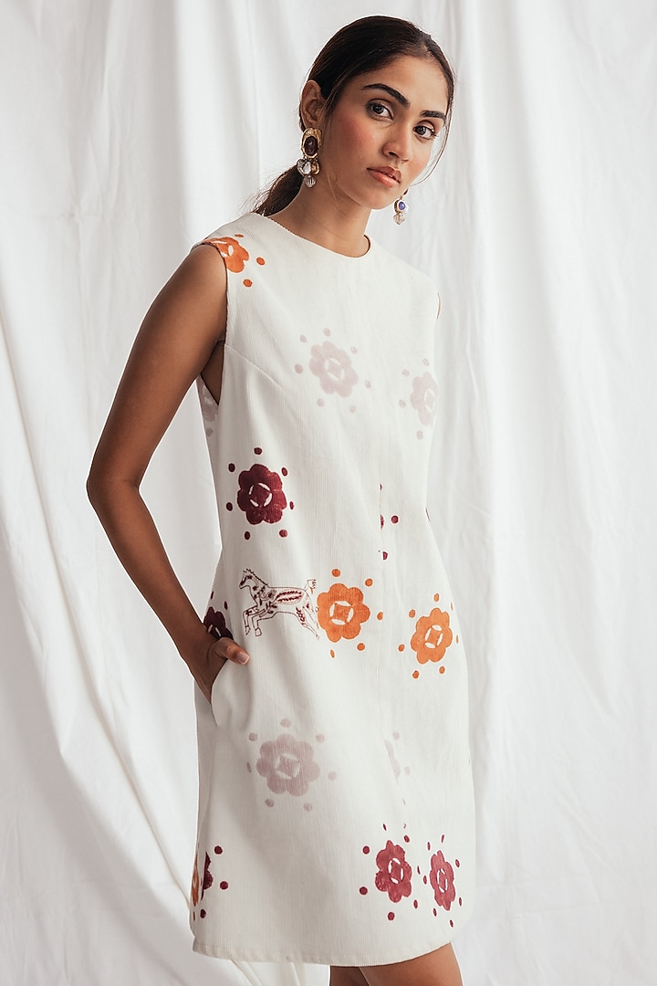 White Corduroy Hand-Block Printed & Embroidered Shift Summer Dress by Jodi at Pernia's Pop Up Shop