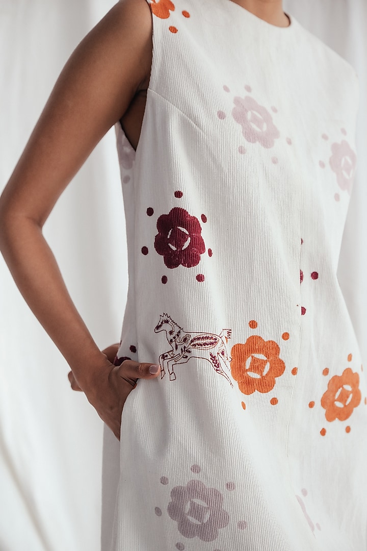 White Corduroy Hand-Block Printed & Embroidered Shift Summer Dress by Jodi at Pernia's Pop Up Shop