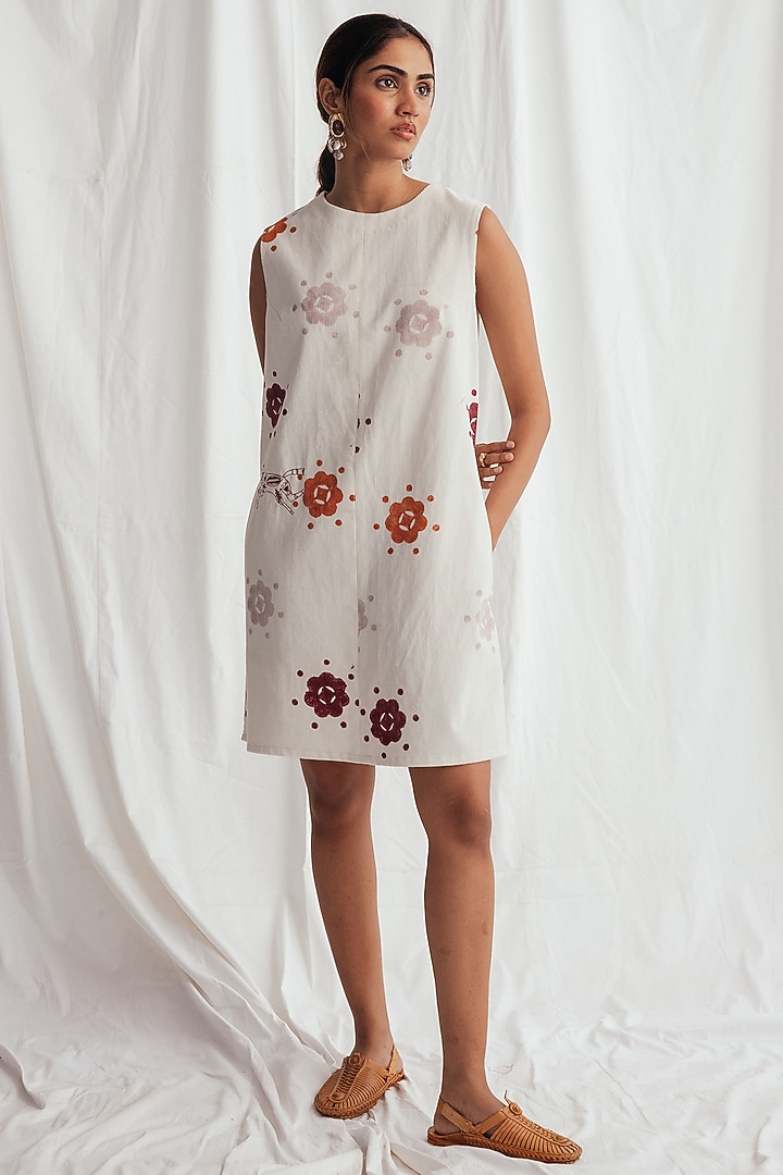White Corduroy Hand-Block Printed & Embroidered Shift Summer Dress by Jodi at Pernia's Pop Up Shop