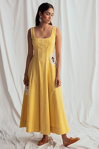 Yellow Kala Cotton Embroidered Dress by Jodi