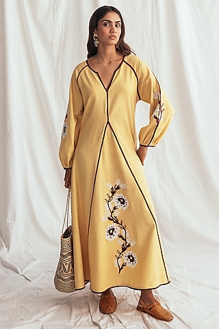 Yellow Kala Cotton Embroidered Dress by Jodi