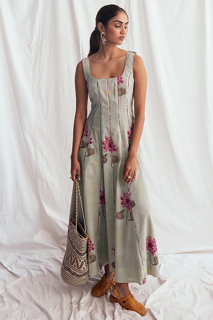 Green Cotton Hand-Block Printed Summer Dress by Jodi at Pernia's Pop Up Shop