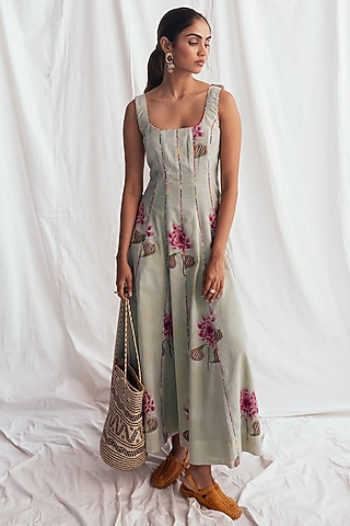 Green Cotton Hand-Block Printed Dress by Jodi