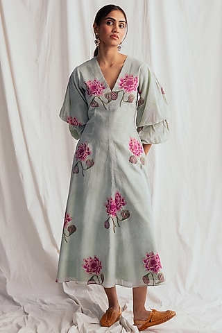 Green Cotton Hand-Block Printed & Embroidered Dress by Jodi
