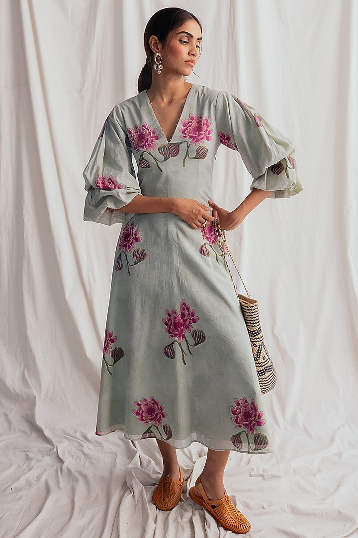 Green Cotton Hand-Block Printed & Embroidered Summer Dress by Jodi at Pernia's Pop Up Shop