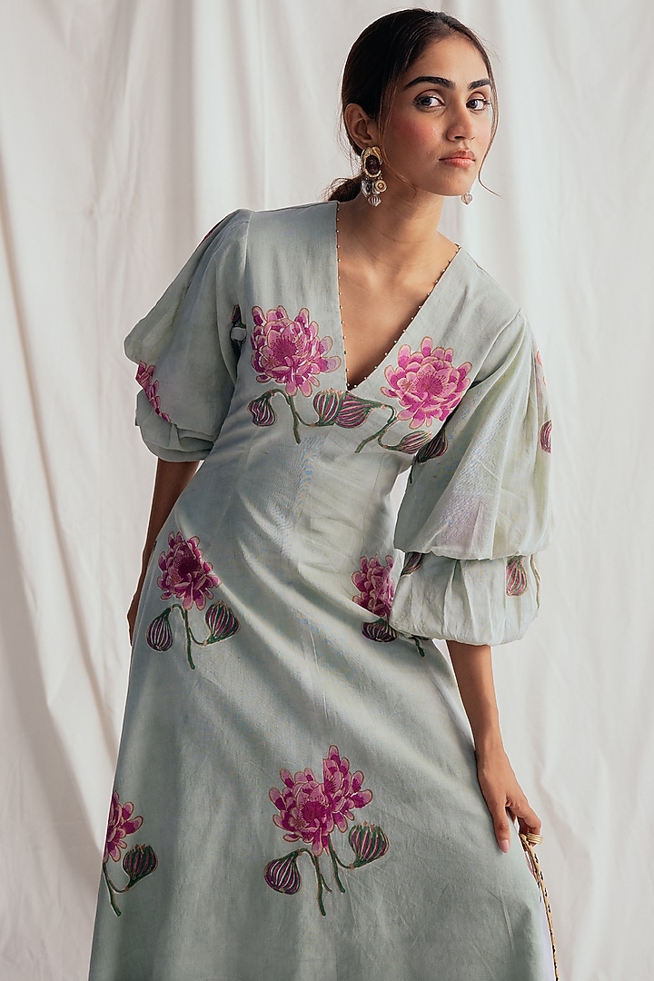 Green Cotton Hand-Block Printed & Embroidered Summer Dress by Jodi at Pernia's Pop Up Shop