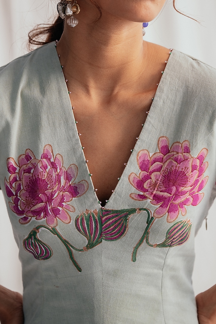 Green Cotton Hand-Block Printed & Embroidered Summer Dress by Jodi at Pernia's Pop Up Shop