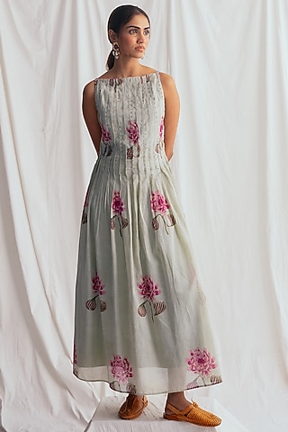 Green Cotton Hand-Block Printed & Embroidered Dress by Jodi