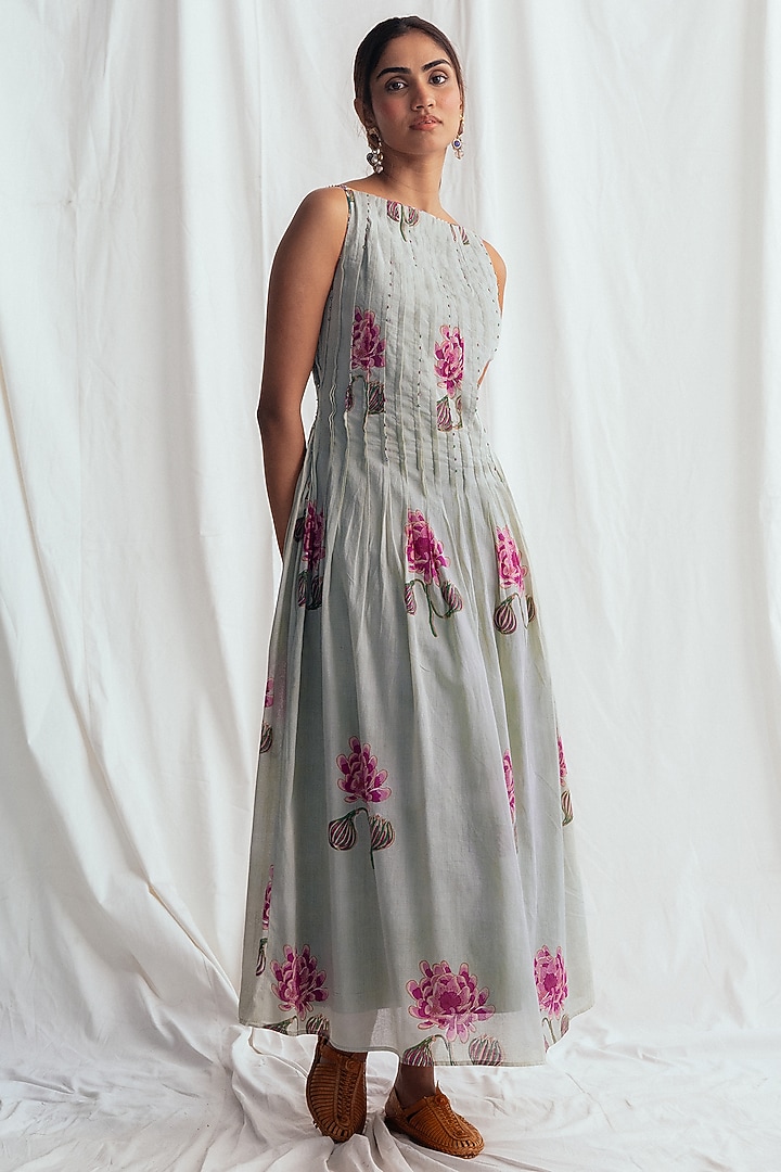 Green Cotton Hand-Block Printed & Embroidered Summer Dress by Jodi at Pernia's Pop Up Shop