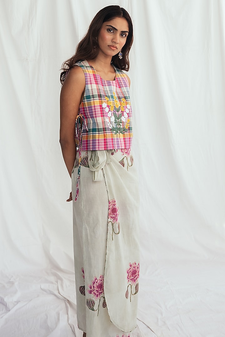 Green Cotton Hand-Block Printed & Embroidered Wrap Skirt by Jodi at Pernia's Pop Up Shop
