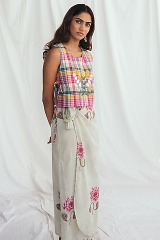 Green Cotton Hand-Block Printed & Embroidered Wrap Skirt by Jodi