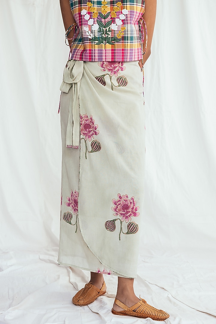 Green Cotton Hand-Block Printed & Embroidered Wrap Skirt by Jodi at Pernia's Pop Up Shop