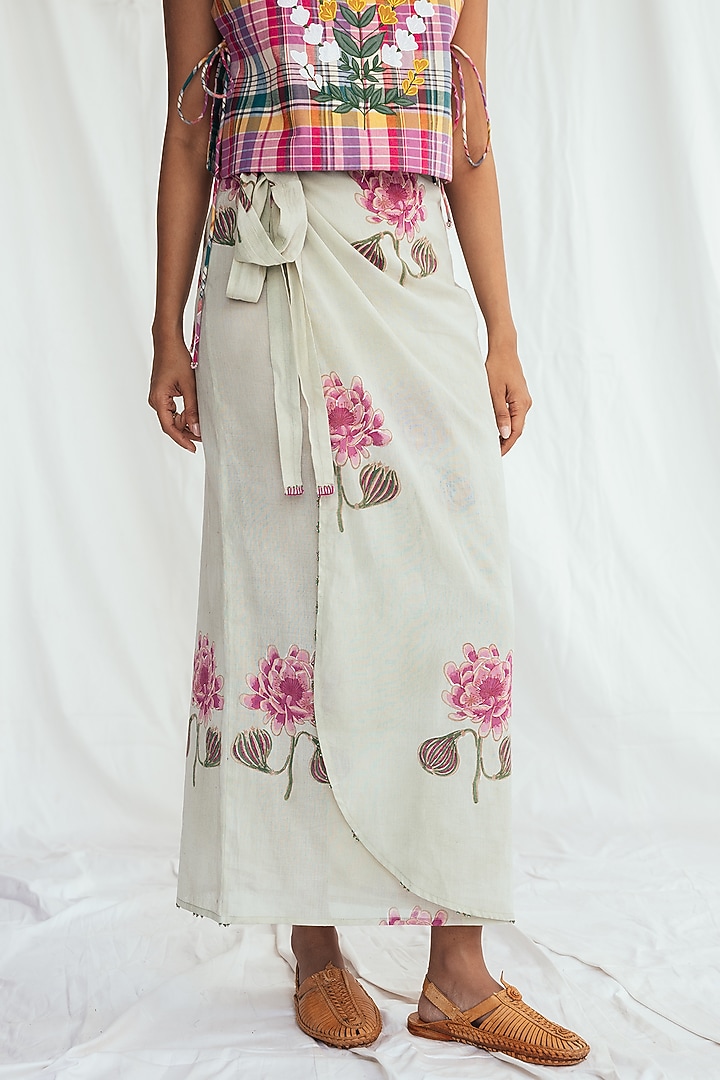 Green Cotton Hand-Block Printed & Embroidered Wrap Skirt by Jodi at Pernia's Pop Up Shop