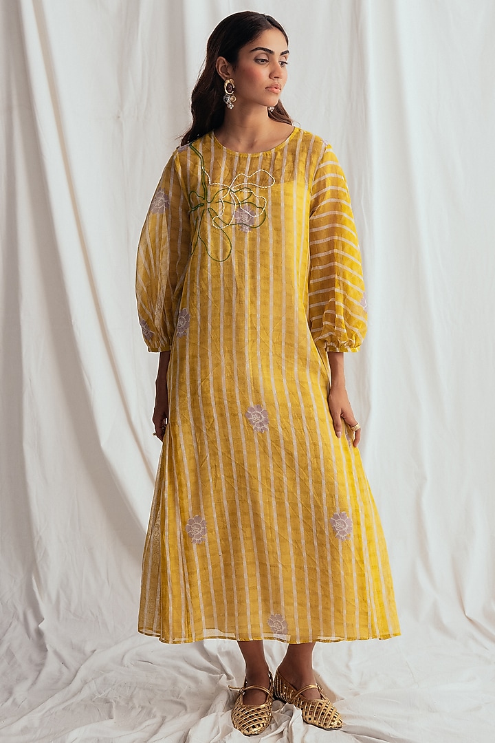 Yellow Chanderi Embroidered Vacation Dress by Jodi at Pernia's Pop Up Shop