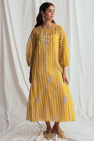 Yellow Chanderi Embroidered Dress by Jodi