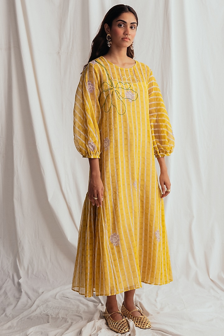 Yellow Chanderi Embroidered Vacation Dress by Jodi at Pernia's Pop Up Shop
