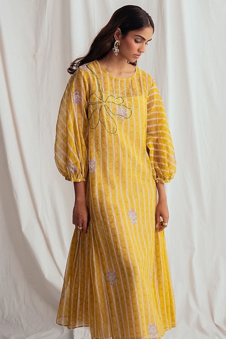 Yellow Chanderi Embroidered Vacation Dress by Jodi at Pernia's Pop Up Shop
