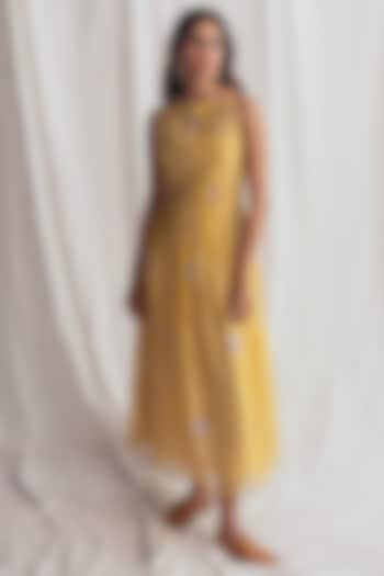 Yellow Chanderi Hand-Block Printed & Embroidered Vacation Dress by Jodi at Pernia's Pop Up Shop