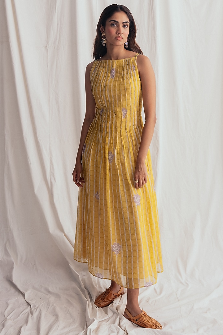 Yellow Chanderi Hand-Block Printed & Embroidered Vacation Dress by Jodi at Pernia's Pop Up Shop
