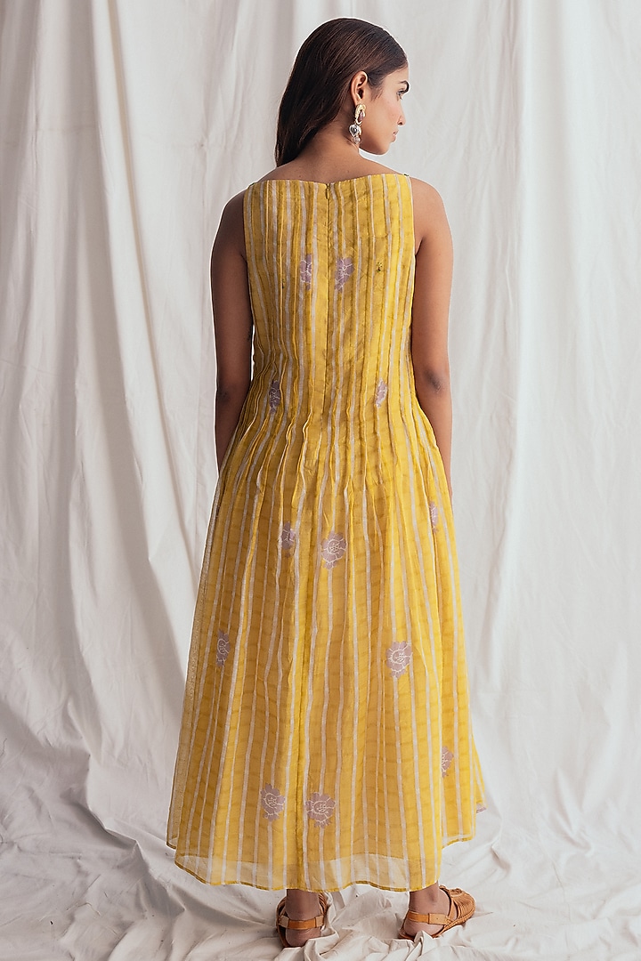 Yellow Chanderi Hand-Block Printed & Embroidered Vacation Dress by Jodi at Pernia's Pop Up Shop