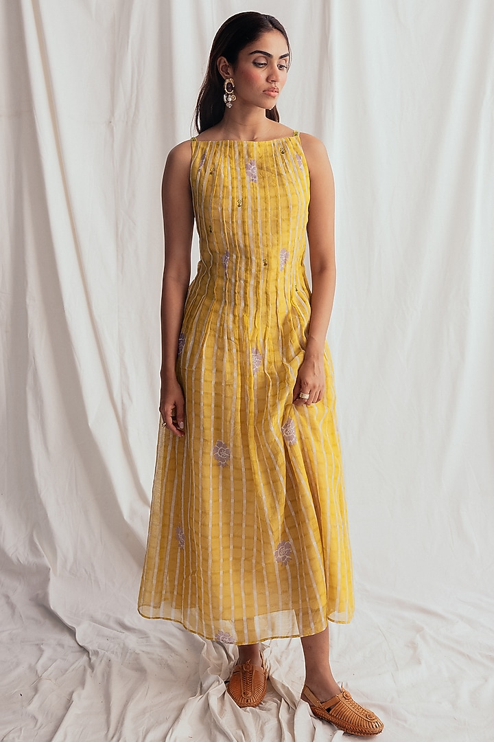 Yellow Chanderi Hand-Block Printed & Embroidered Vacation Dress by Jodi at Pernia's Pop Up Shop