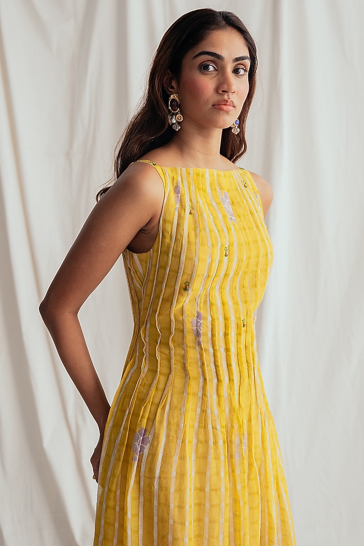 Yellow Chanderi Hand-Block Printed & Embroidered Vacation Dress by Jodi at Pernia's Pop Up Shop