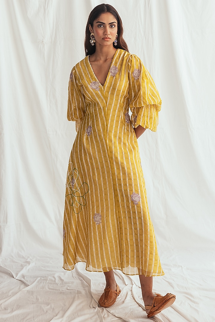 Yellow Chanderi Hand-Block Printed & Embroidered Vacation Dress by Jodi at Pernia's Pop Up Shop
