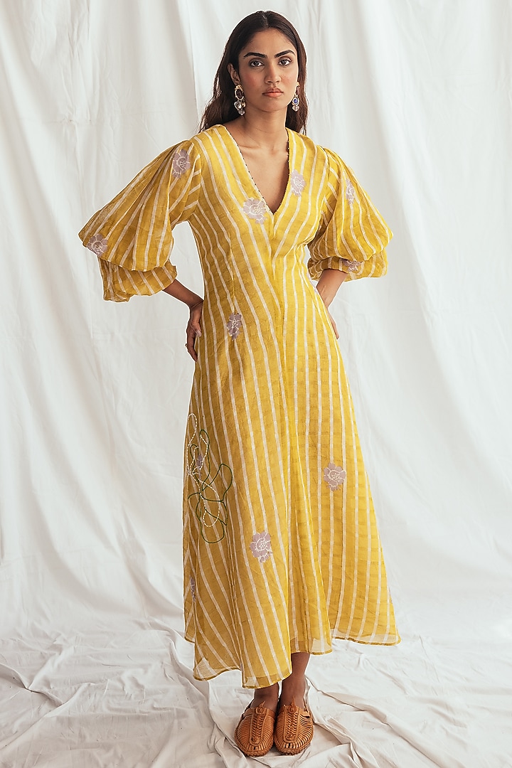 Yellow Chanderi Hand-Block Printed & Embroidered Vacation Dress by Jodi at Pernia's Pop Up Shop