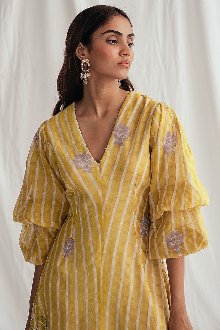 Yellow Chanderi Hand-Block Printed & Embroidered Vacation Dress by Jodi at Pernia's Pop Up Shop