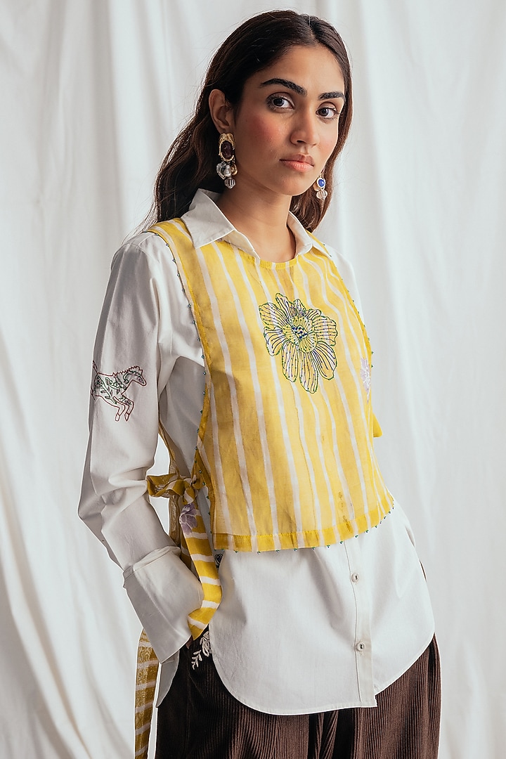 Yellow Chanderi Hand-Block Printed & Embroidered Bib by Jodi at Pernia's Pop Up Shop