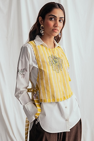 Yellow Chanderi Hand-Block Printed & Embroidered Bib by Jodi