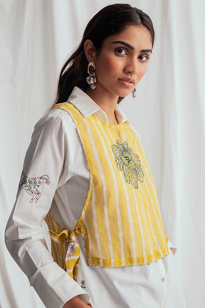Yellow Chanderi Hand-Block Printed & Embroidered Bib by Jodi at Pernia's Pop Up Shop