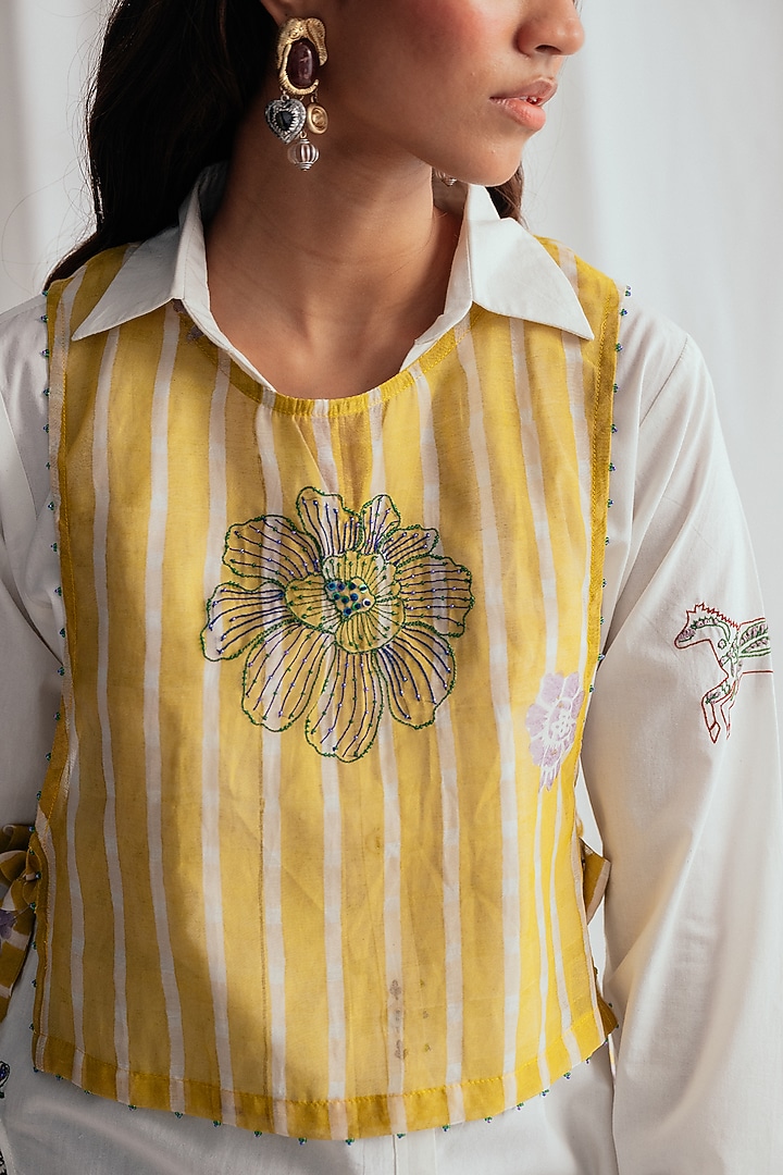 Yellow Chanderi Hand-Block Printed & Embroidered Bib by Jodi at Pernia's Pop Up Shop